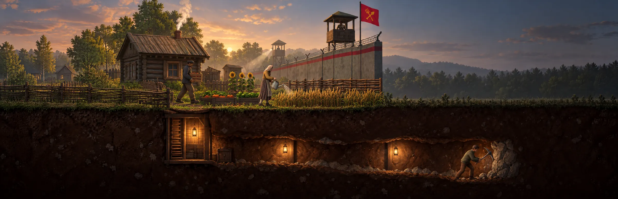 Cross-section of a farm at dusk: a family tends a fenced yard by a watchtower while, underground, a lantern-lit tunnel runs under the border wall.
