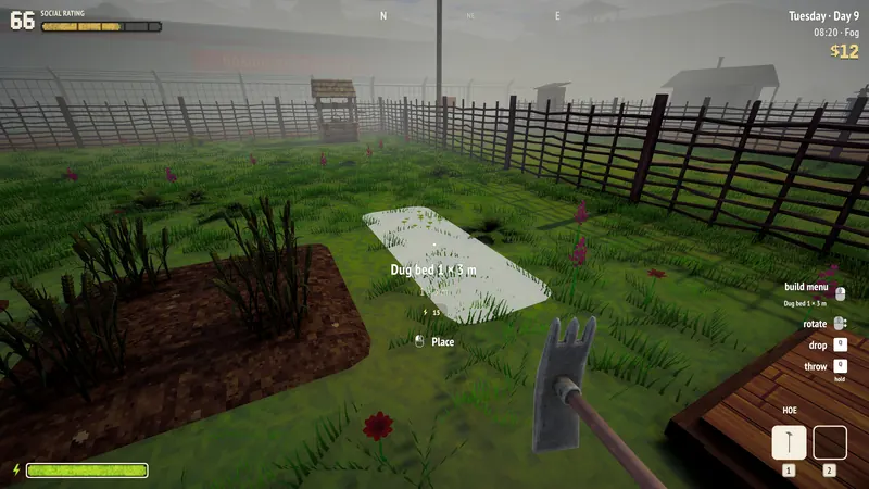Marking out a new garden bed with a hoe; the plan glows on the grass.