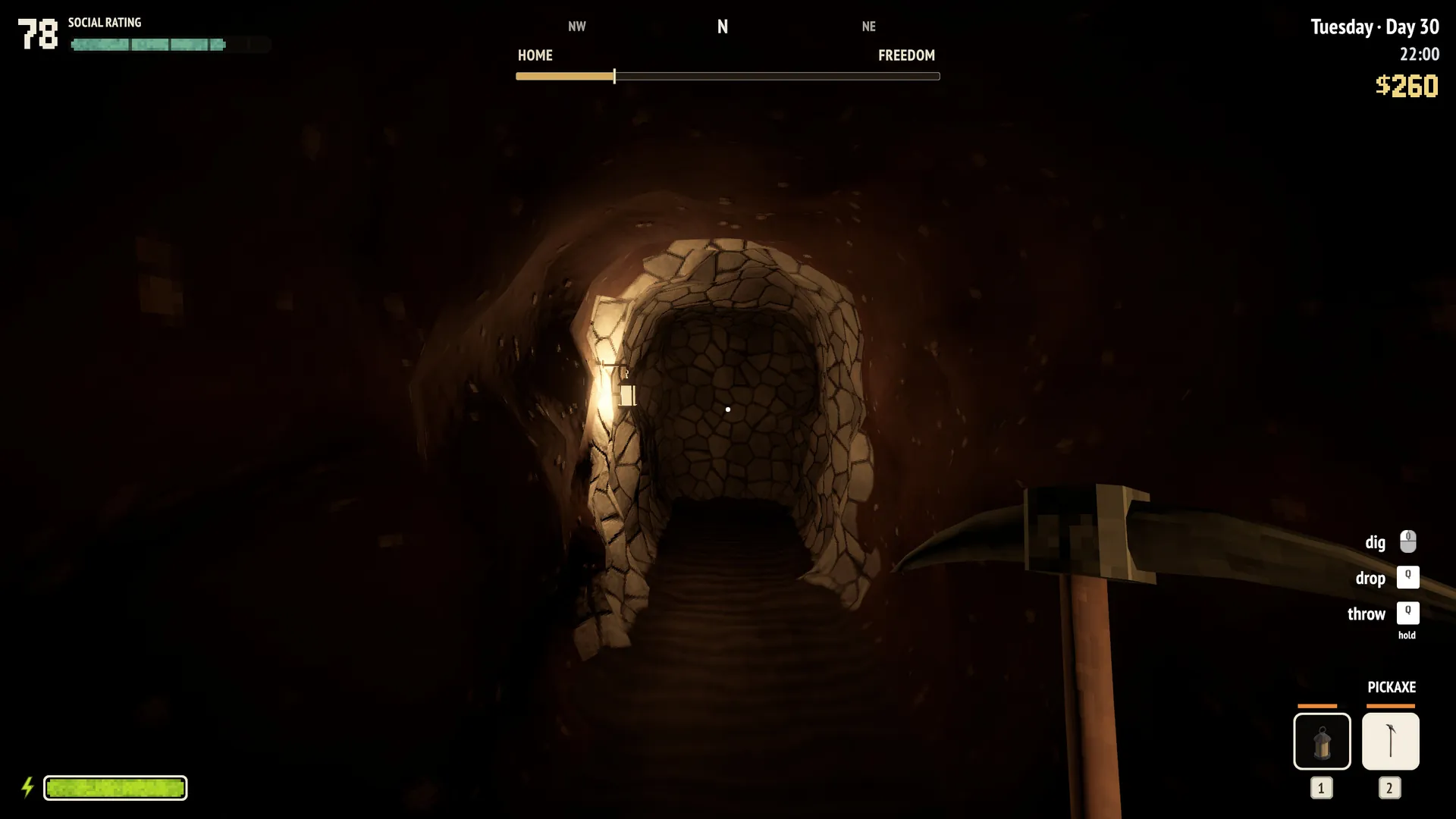 A lantern-lit tunnel with timber supports and a pickaxe in hand.