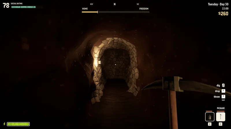 A lantern-lit tunnel with timber supports and a pickaxe in hand.