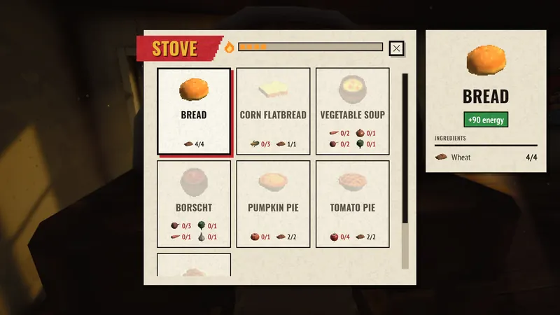The stove's recipes: bread, corn flatbread, vegetable soup, borscht and pies.