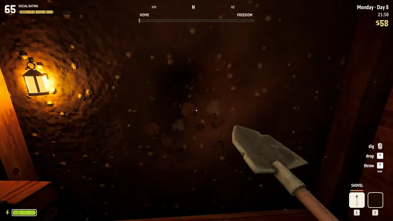 The first strike of the shovel into the cellar wall.