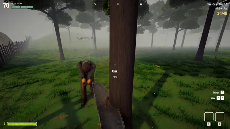 Two players fell an oak with a two-man saw.
